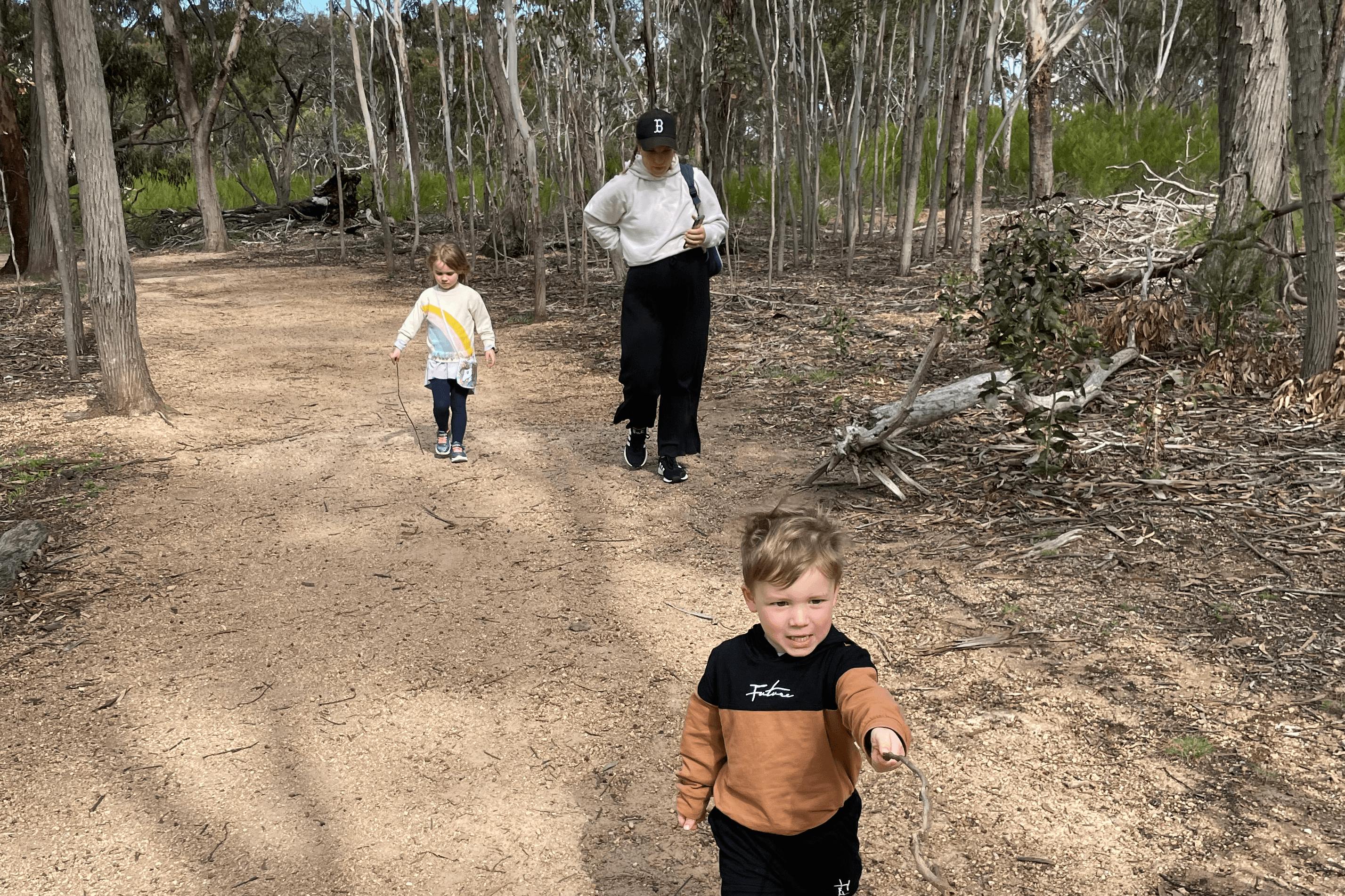 A person and two kids walking in the bush.